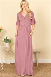 C74-A-1-D3997-MAUVE FLOUNCE SLEEVE V-NECK BUTTON DETAIL PLEATED WAIST SOLID MAXI DRESS 1-2-3-2