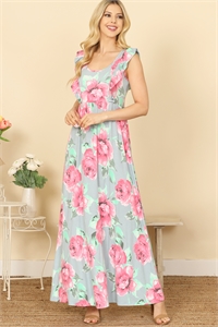 C68-A-1-D3890-5-D. BLUE W/ ROSE RUFFLE SLEEVELESS MAXI DRESS 2-2-2-2