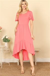 C74-A-1-D5005-CORAL BUTTERFLY SLEEVE ASSYMETRICAL PLEATED HEM SOLID DRESS 1-2-2-2