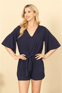 C68-A-2-R7060-NAVY V-NECK BELL SLEEVE FRONT TIE SOLID ROMPER 2-2-2-2