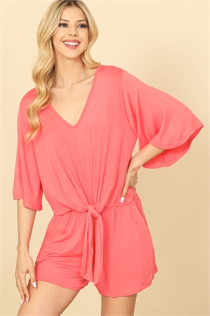C68-A-2-R7060-CORAL V-NECK BELL SLEEVE FRONT TIE SOLID ROMPER 2-2-2-2