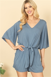 C68-A-2-R7060-BLUE V-NECK BELL SLEEVE FRONT TIE SOLID ROMPER 2-2-2-2