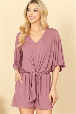 C68-A-2-R7060-MAUVE V-NECK BELL SLEEVE FRONT TIE SOLID ROMPER 2-2-2-2