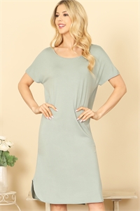 C68-A-3-D5000-SAGE ROUND NECK SHORT SLEEVE SIDE SLIT SOLID DRESS 2-2-2-2