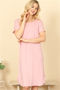 C68-A-3-D5000-D. PINK ROUND NECK SHORT SLEEVE SIDE SLIT SOLID DRESS 2-2-2-2