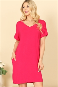 C80-A-1-D3925-H. PINK V-NECK SHORT SLEEVE SIDE POCKET SOLID MINI DRESS 2-2-2-2