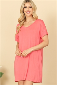 C80-A-2-D3925-CORAL V-NECK SHORT SLEEVE SIDE POCKET SOLID MINI DRESS 2-2-2-2