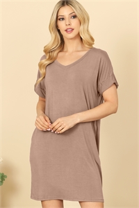 C80-A-2-D3925-MOCHA V-NECK SHORT SLEEVE SIDE POCKET SOLID MINI DRESS 2-2-2-2