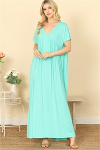 C78-A-3-D3973-MINT V-NECK SHORT SLEEVE PLEATED DETAIL SOLID MAXI DRESS 2-2-2-2