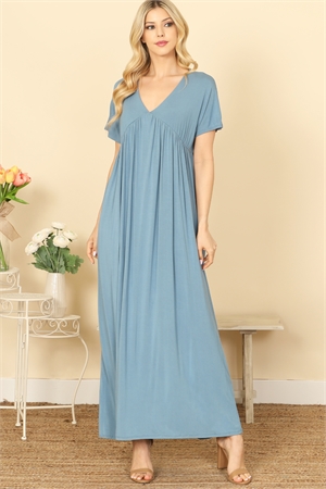 C78-A-3-D3973-D. BLUE V-NECK SHORT SLEEVE PLEATED DETAIL SOLID MAXI DRESS 2-0-2-2