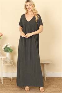 C78-A-3-D3973-CHARCOAL V-NECK SHORT SLEEVE PLEATED DETAIL SOLID MAXI DRESS 2-2-1-1