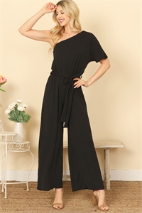 C80-A-1-J7109-BLACK ONE SHOULDER HALF SLEEVE WAIST TIE SOLID JUMPSUIT 0-0-4-3