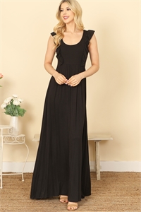 C90-A-1-D3890-3-BLACK RUFFLE SLEEVELESS PLEATED WAIST SOLID MAXI DRESS 2-2-2-2