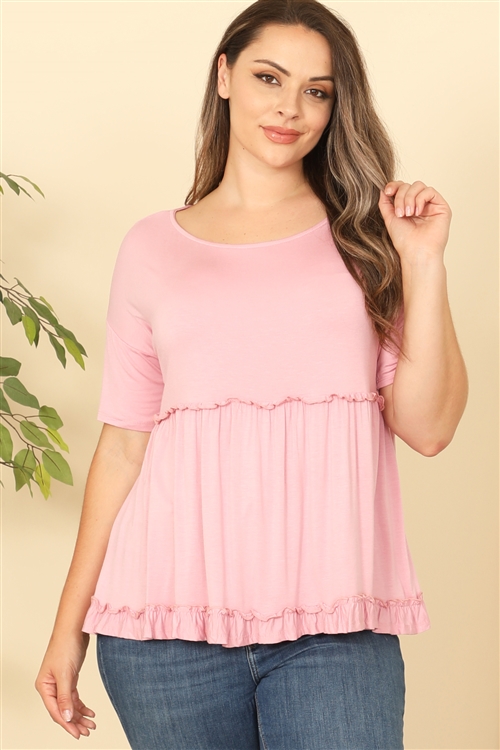 C94-A-3-T4093X-PINK PLUS SIZE SHORT SLEEVE MERROW PLEATED DETAIL SOLID TOP 2-2-2