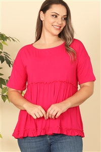 C94-A-3-T4093X-HOT PINK PLUS SIZE SHORT SLEEVE MERROW PLEATED DETAIL SOLID TOP 2-2-2