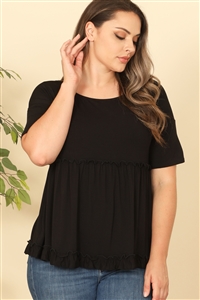 C94-A-3-T4093X-BLACK PLUS SIZE SHORT SLEEVE MERROW PLEATED DETAIL SOLID TOP 2-2-2