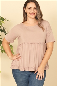 C94-A-3-T4093X-TAUPE PLUS SIZE SHORT SLEEVE MERROW PLEATED DETAIL SOLID TOP 2-2-2