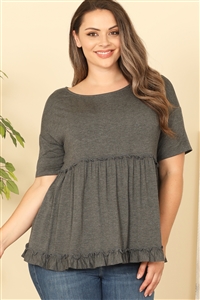C88-A-1-T4093X-CHARCOAL PLUS SIZE SHORT SLEEVE MERROW PLEATED DETAIL SOLID TOP 2-2-1