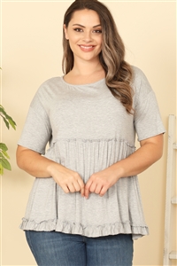C94-A-3-T4093X-H. GREY PLUS SIZE SHORT SLEEVE MERROW PLEATED DETAIL SOLID TOP 2-2-2