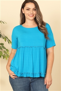 C94-A-1-T4093X-TURQUOISE PLUS SIZE SHORT SLEEVE MERROW PLEATED DETAIL SOLID TOP 2-2-2