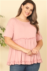 C94-A-1-T4093X-D. PINK PLUS SIZE SHORT SLEEVE MERROW PLEATED DETAIL SOLID TOP 2-2-2