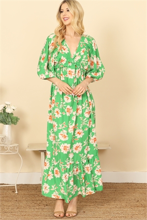 SA3-4-3-D5518-1-KELLY GREEN QUARTER PUFF SLEEVE V-NECK FLORAL MAXI DRESS 2-2-2-2