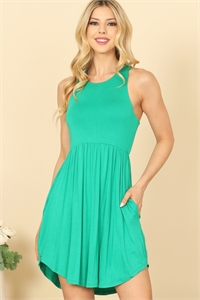 S7-1-3-D3645-K. GREEN PLEATED WAIST SIDE POCKET CURVE HEM MINI TANK DRESS 2-1-2-1