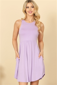 SA3-0-1-D3645-LAVENDER PLEATED WAIST SIDE POCKET CURVE HEM MINI TANK DRESS 2-2-2-2