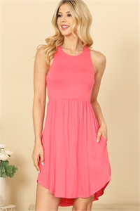 S7-1-3-D3645-CORAL PLEATED WAIST SIDE POCKET CURVE HEM MINI TANK DRESS 2-2-1-1