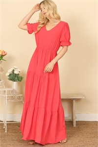 S7-1-3-D5551-CORAL PUFF SLEEVE V-NECK TIERED SOLID MAXI DRESS 1-2-2-2
