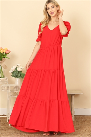 SA4-0-3-D5551-RED PUFF SLEEVE V-NECK TIERED SOLID MAXI DRESS 2-2-2-2