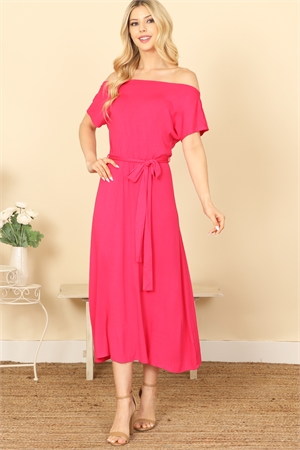 SA4-0-2-D5484-FUCHSIA OFF SHOULDER SHORT SLEEVE WAIST TIE SOLID MIDI DRESS 2-2-2-2 (NOW $6.75 ONLY!)