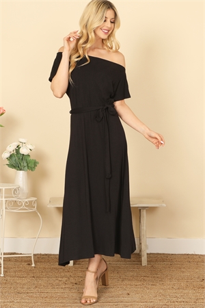 SA4-0-2-D5484-BLACK OFF SHOULDER SHORT SLEEVE WAIST TIE SOLID MIDI DRESS 2-2-2-2