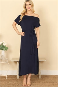 S4-1-2-D5484-NAVY OFF SHOULDER SHORT SLEEVE WAIST TIE SOLID MIDI DRESS 2-2-2-2 (NOW $6.75 ONLY!)