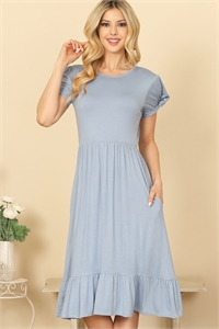 S6-10-2-D5475-D. BLUE SHORT TWIST PUFF SLEEVE SIDE POCKET PLEATED DETAIL DRESS 2-2-2-2