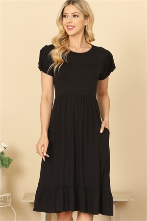 S5-10-1-D5475-BLACK SHORT TWIST PUFF SLEEVE SIDE POCKET PLEATED DETAIL DRESS 2-2-2-2