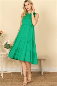 S9-6-1-D5131-K. GREEN SLEEVELESS ROUND NECK TIERED SOLID MIDI DRESS 2-2-2-2