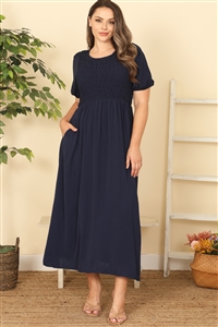 SA3-00-3-D5539X-NAVY PLUS SIZE PUFF SLEEVE SMOCKED SOLID MAXI DRESS 2-2-2