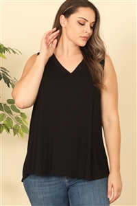 S8-4-3-T4372X-BLACK PLUS SIZE V-NECK SLEEVELESS FLOWY SOLID TOP 2-2-2