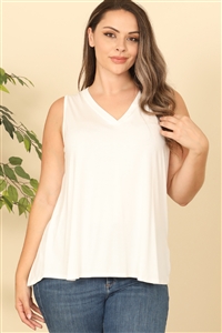 S8-4-3-T4372X-IVORY PLUS SIZE V-NECK SLEEVELESS FLOWY SOLID TOP 1-2-2