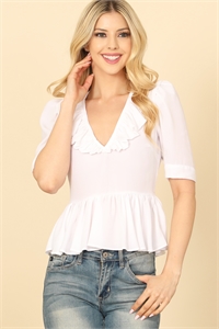 S9-2-2-T41-WHITE V-NECK HALF SLEEVE RUFFLE DETAIL CROP TOP 2-2-1