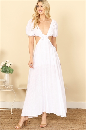 S11-7-1-D872-WHITE SIDE CUT-OUT DETAIL PUFF SLEEVE SOLID MAXI DRESS 2-2-1