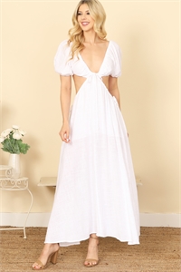 S6-3-4-D872-WHITE SIDE CUT-OUT DETAIL PUFF SLEEVE SOLID MAXI DRESS 1-2-0