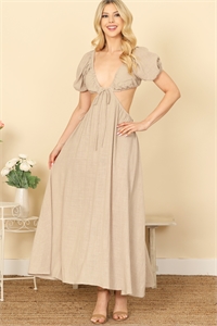 S11-7-1-D872-KHAKI SIDE CUT-OUT DETAIL PUFF SLEEVE SOLID MAXI DRESS 2-2-1