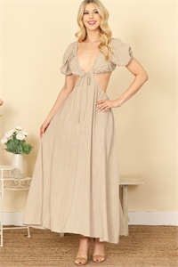 S11-7-1-D872-KHAKI SIDE CUT-OUT DETAIL PUFF SLEEVE SOLID MAXI DRESS 2-2-1 (NOW $6.75 ONLY!)