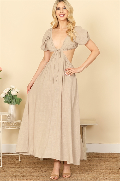 S6-3-4-D872-KHAKI SIDE CUT-OUT DETAIL PUFF SLEEVE SOLID MAXI DRESS 1-3-1