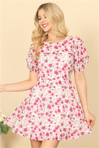 S6-3-4-D153-WHITE FUCHSIA ROUND NECK PUFF SLEEVE OPEN BACK FLORAL MINI DRESS 1-1-1