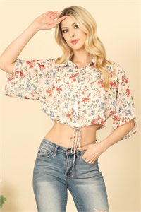 S5-1-4-T218-IVORY MULTI FLORAL HALF SLEEVE COLLARED WAIST TIE CROP TOP 2-2-1