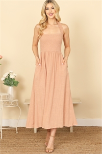 S11-7-2-D185-DUSTY PEACH HALTER CROSS TIE BACK SMOCKED PLEATED WAIST SOLID DRESS 2-2-1