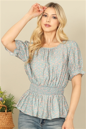 S13-6-4-T17353-LT. BLUE RUFFLE HALF SLEEVE SMOCKED WAIST FLORAL TOP 0-1-1